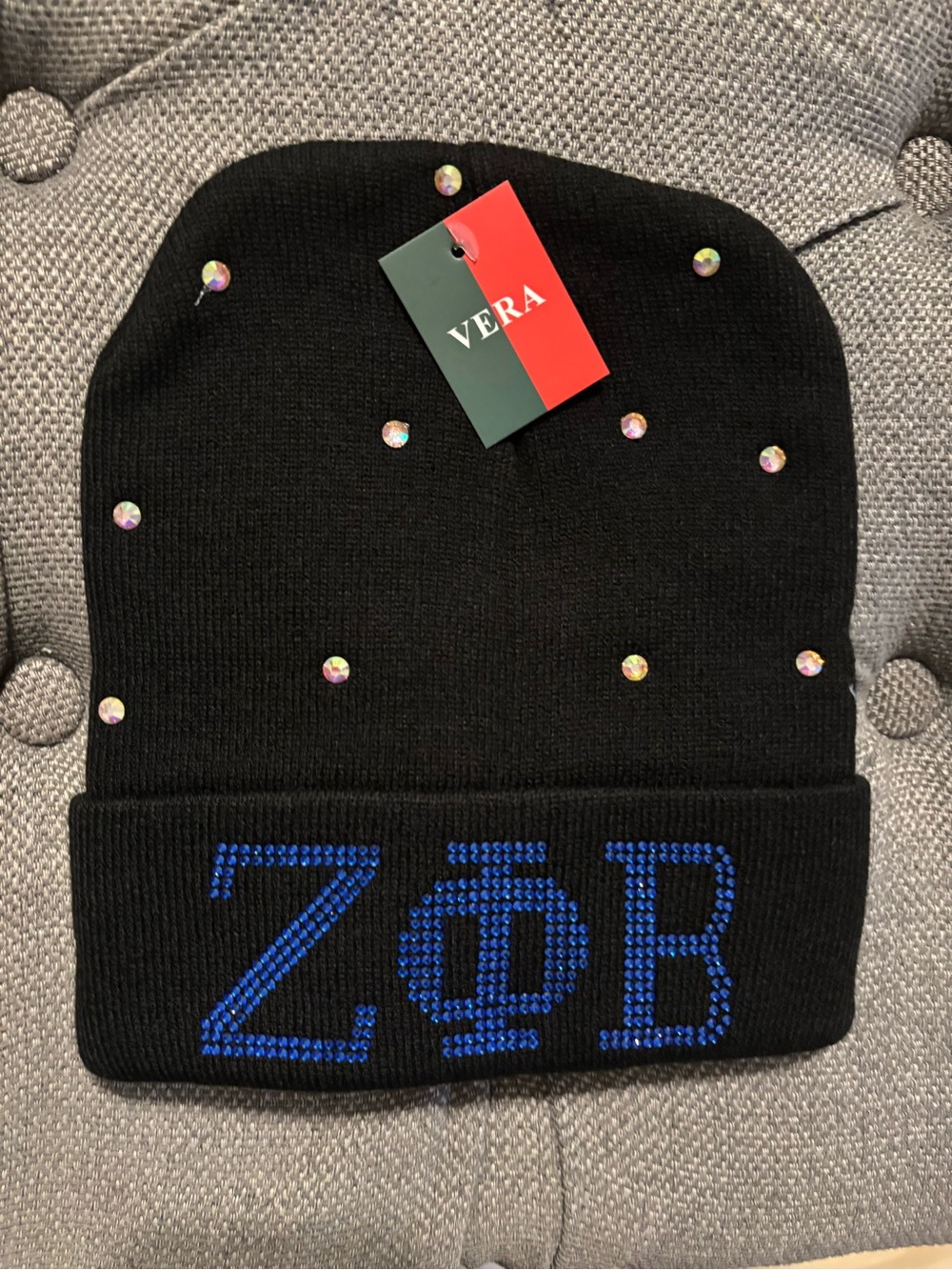 Black Beanie with Blue Rhinestone ZΦB Accent